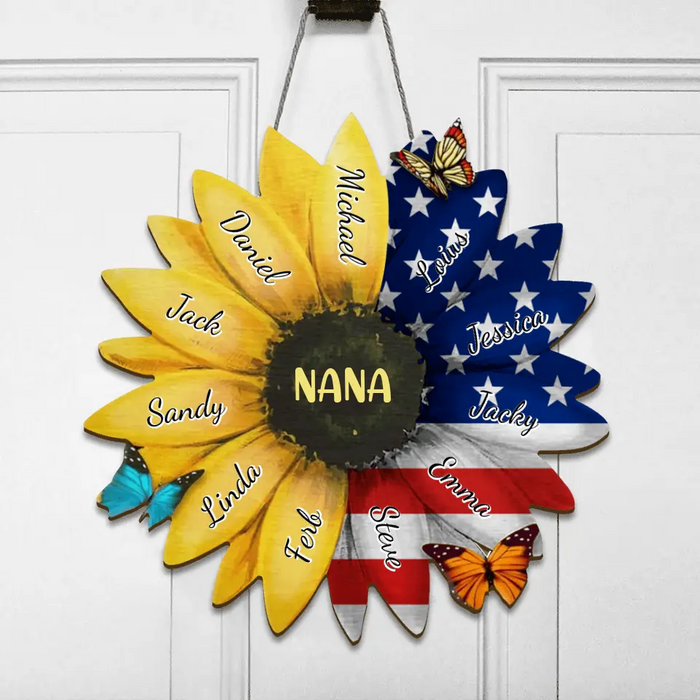 Custom Personalized Sunflower Door Sign - Upto 12 People - Independence Day Gift For Family