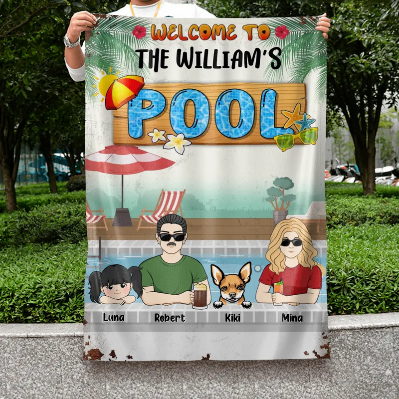 Personalized Family Flag Sign - Gift Idea For Family/Dog Lover - Up to 4 Kids - Welcome To The William's Pool