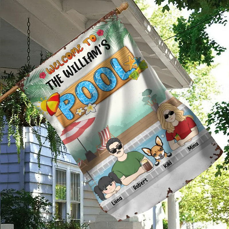 Personalized Family Flag Sign - Gift Idea For Family/Dog Lover - Up to 4 Kids - Welcome To The William's Pool