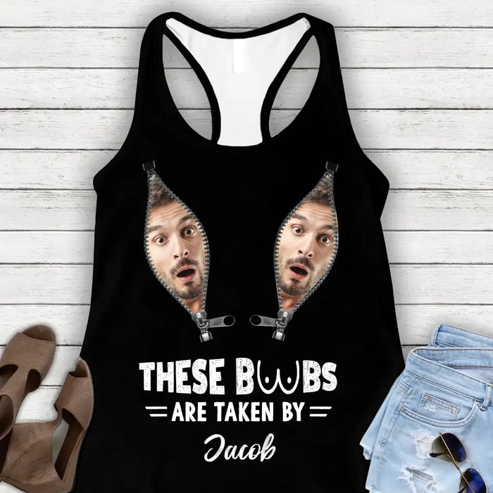 Personalized Funny Photo AOP Women's Racerback Tank Top - Funny Gift Idea for Couple/Her - These Boobs Are Taken By