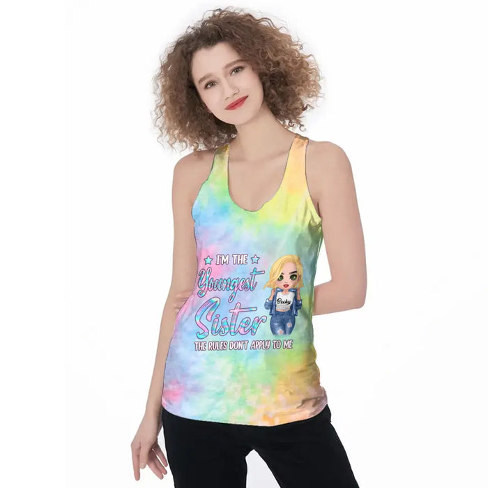 Personalized Sister AOP Women's Racerback Tank Top - Gift Idea For Sisters - I'm The Youngest Sister The Rules Don't Apply To Me