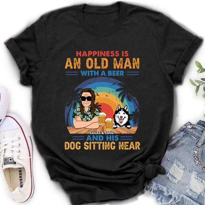 Custom Personalized Dog Shirt/Hoodie - Gift Idea For Dog Lovers - Happiness Is An Old Man With A Beer And His Dog Sitting Near