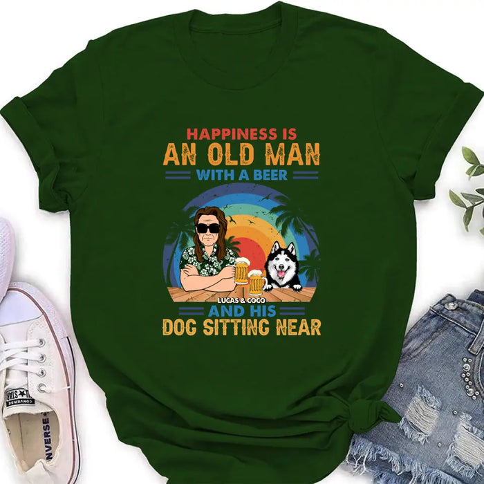 Custom Personalized Dog Shirt/Hoodie - Gift Idea For Dog Lovers - Happiness Is An Old Man With A Beer And His Dog Sitting Near