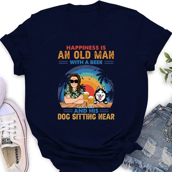 Custom Personalized Dog Shirt/Hoodie - Gift Idea For Dog Lovers - Happiness Is An Old Man With A Beer And His Dog Sitting Near