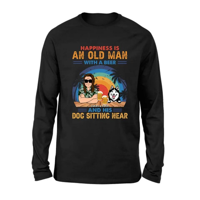 Custom Personalized Dog Shirt/Hoodie - Gift Idea For Dog Lovers - Happiness Is An Old Man With A Beer And His Dog Sitting Near