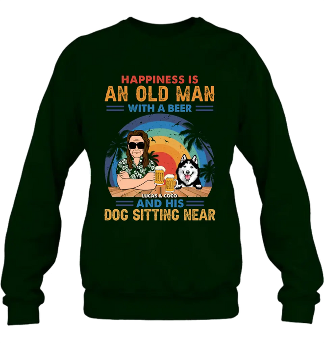 Custom Personalized Dog Shirt/Hoodie - Gift Idea For Dog Lovers - Happiness Is An Old Man With A Beer And His Dog Sitting Near