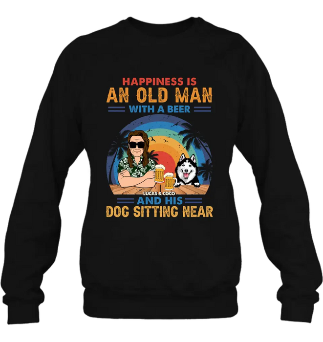 Custom Personalized Dog Shirt/Hoodie - Gift Idea For Dog Lovers - Happiness Is An Old Man With A Beer And His Dog Sitting Near