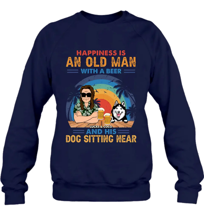 Custom Personalized Dog Shirt/Hoodie - Gift Idea For Dog Lovers - Happiness Is An Old Man With A Beer And His Dog Sitting Near