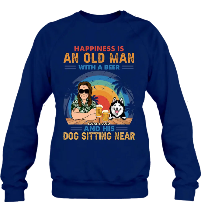 Custom Personalized Dog Shirt/Hoodie - Gift Idea For Dog Lovers - Happiness Is An Old Man With A Beer And His Dog Sitting Near