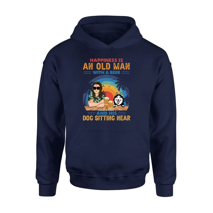 Custom Personalized Dog Shirt/Hoodie - Gift Idea For Dog Lovers - Happiness Is An Old Man With A Beer And His Dog Sitting Near