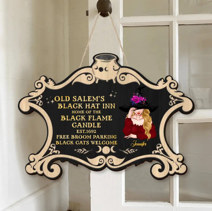 Custom Personalized Witch Wooden Sign - Gift Idea For Halloween/Witch/Pagan Decor - Old Salem's Black Hat Inn Home Of The Black Flame Candle