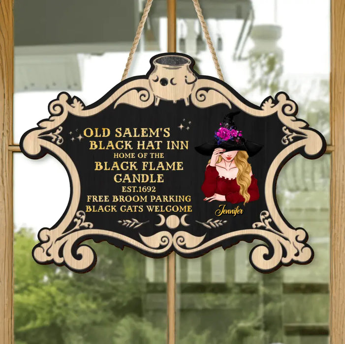 Custom Personalized Witch Wooden Sign - Gift Idea For Halloween/Witch/Pagan Decor - Old Salem's Black Hat Inn Home Of The Black Flame Candle