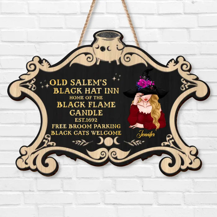 Custom Personalized Witch Wooden Sign - Gift Idea For Halloween/Witch/Pagan Decor - Old Salem's Black Hat Inn Home Of The Black Flame Candle