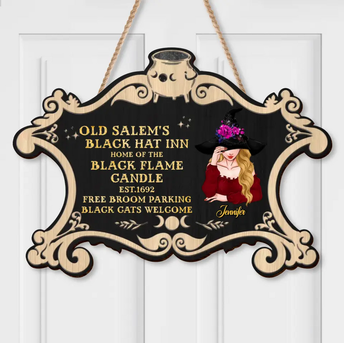 Custom Personalized Witch Wooden Sign - Gift Idea For Halloween/Witch/Pagan Decor - Old Salem's Black Hat Inn Home Of The Black Flame Candle