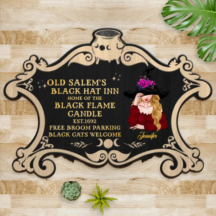 Custom Personalized Witch Doormat - Gift Idea For Halloween/Witch/Pagan Decor - Old Salem's Black Hat Inn Home Of The Black Flame Candle