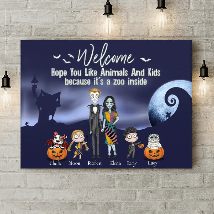 Custom Personalized Horror Family Canvas - Couple With Upto 2 Kids And 3 Pets - Gift Idea For Family/ Dog/Cat Lover - Welcome Hope You Like Animals And Kids