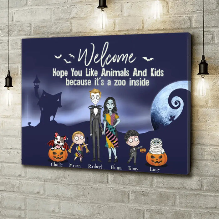 Custom Personalized Horror Family Canvas - Couple With Upto 2 Kids And 3 Pets - Gift Idea For Family/ Dog/Cat Lover - Welcome Hope You Like Animals And Kids