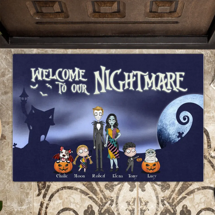 Custom Personalized Horror Family Doormat - Couple With Upto 2 Kids And 3 Pets - Gift Idea For Family/ Dog/Cat Lover - Welcome To Our Nightmare