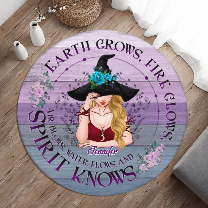 Personalized Witch Round Rug - Gift Idea For Halloween/ Witch/ Pagan Decor - Earth Grows, Fire Glows, Air Blows, Water Flows & Spirit Knows