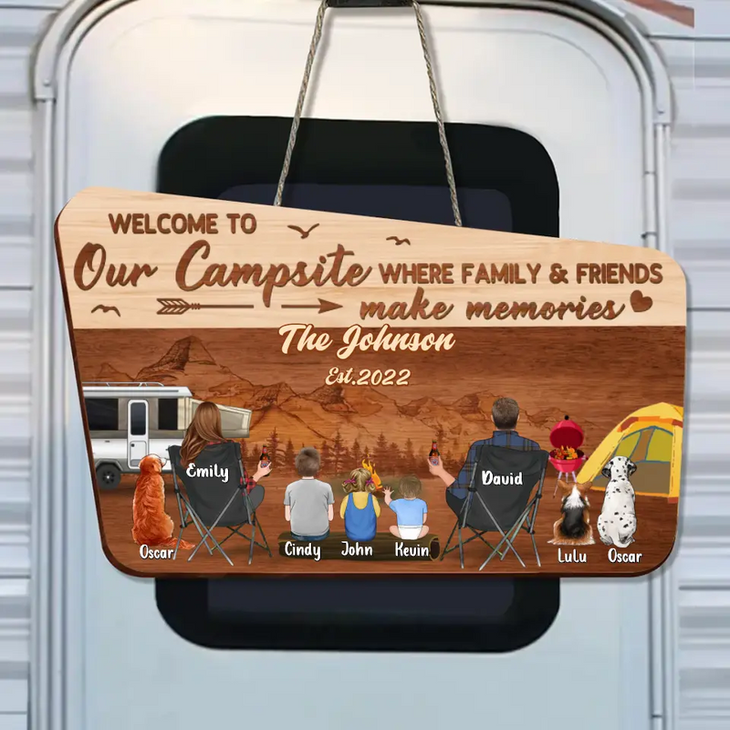 Personalized Camping Family Wooden Sign - Parents/Couple/Single Parent With Up to 3 Kids And 3 Pets - Gift Idea For Family/Camping/Dog/Cat Lover - Welcome To Our Campsite