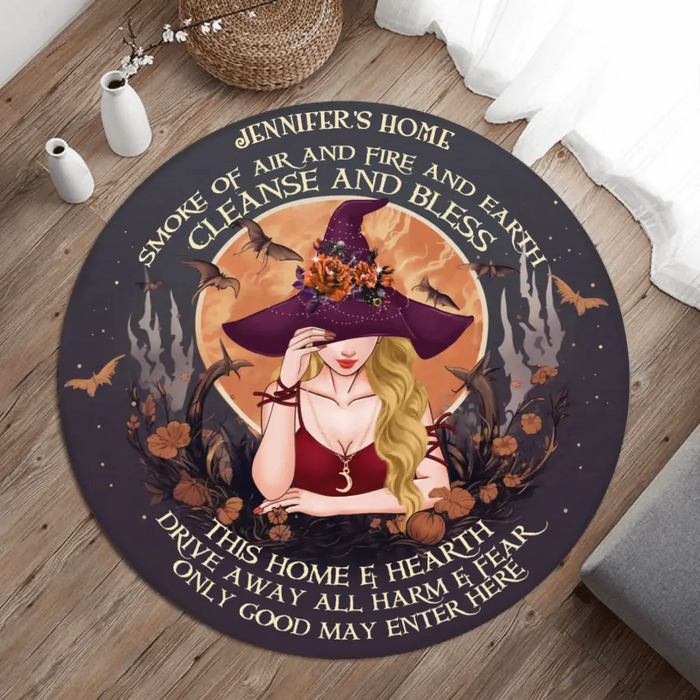 Custom Personalized Witch Round Rug - Gift Idea For Halloween/Wicca Decor/Pagan Decor - Smoke Of Air And Fire And Earth Cleanse And Bless This Home