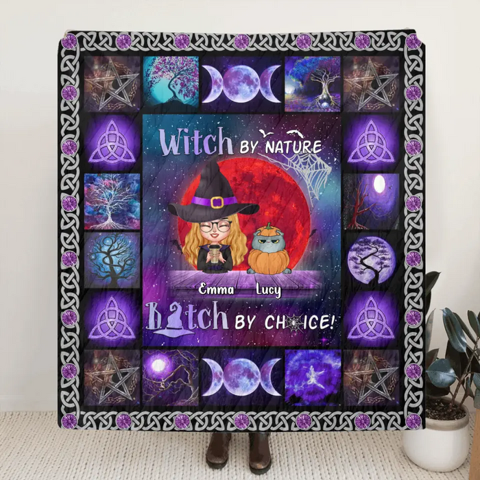 Custom Personalized Witch Quilt/Single Layer Fleece Blanket - Upto 6 Cats/Dogs - Halloween Gift Idea For Cat/Dog Lovers - Witch By Nature Bitch By Choice