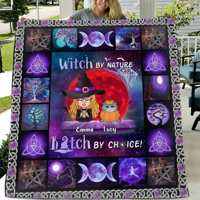 Custom Personalized Witch Quilt/Single Layer Fleece Blanket - Upto 6 Cats/Dogs - Halloween Gift Idea For Cat/Dog Lovers - Witch By Nature Bitch By Choice