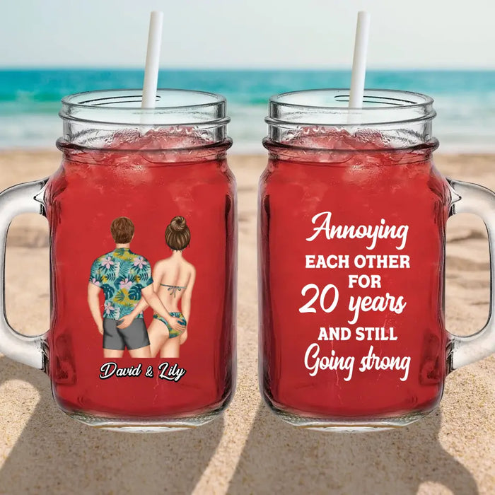 Custom Personalized Couple On Beach Mason Jug With Straw - Gift Idea For Beach Lover/Couple - Annoying Each Other For 20 Years And Still Going Strong