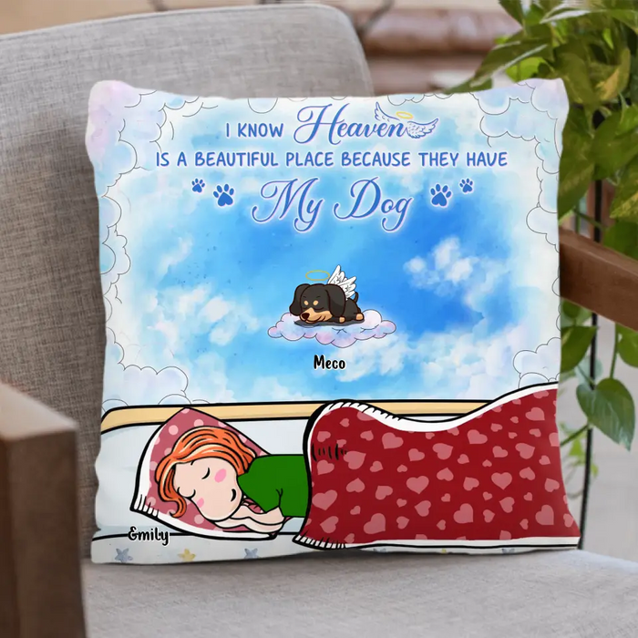 Custom Personalized Pet Single Layer Fleece/Quilt Blanket/Pillow Cover - Adult/Couple With Upto 6 Pets - Memorial Gift Idea for Dog/Cat Owners - I Know Heaven Is A Beautiful Place Because They Have My Dog