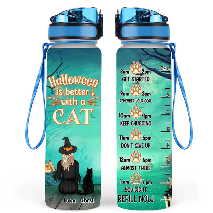 Custom Personalized Cat Witch Water Tracker Bottle - Upto 4 Cats - Halloween Gift Idea For Cat Lover - Halloween Is Better With A Cat