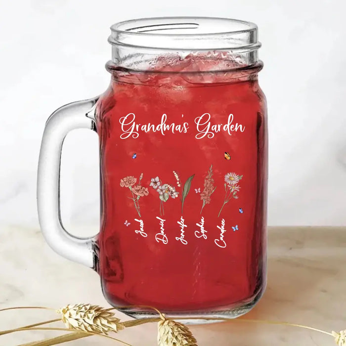 Personalized Garden Mason Jug with Straw - Up to 5 Children - Gift Idea For Grandma/Mom