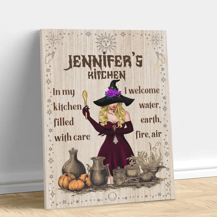 Personalized Witch Vertical Canvas - Gift Idea For Halloween/ Witch/ Pagan Decor - In My Kitchen Filled With Care I Welcome Water, Earth, Fire, Air