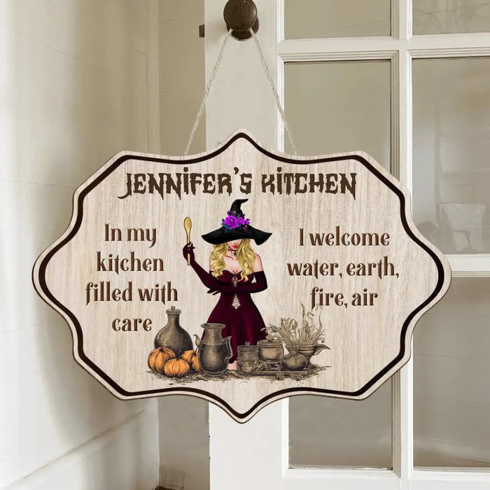 Personalized Witch Wooden Sign - Gift Idea For Halloween/ Witch/ Pagan Decor - In My Kitchen Filled With Care I Welcome Water, Earth, Fire, Air