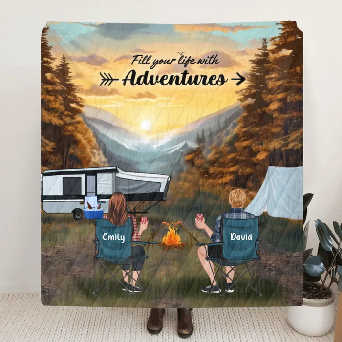 Custom Personalized Smoky Mountain Camping Quilt/Single Layer Fleece Blanket - Gift Idea For Couple, Camping Lovers, Family - Upto 5 Kids, 4 Pets - Fill Your Life With Adventures