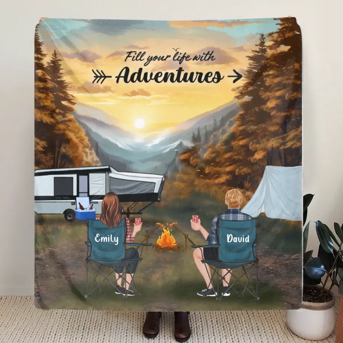 Custom Personalized Smoky Mountain Camping Quilt/Single Layer Fleece Blanket - Gift Idea For Couple, Camping Lovers, Family - Upto 5 Kids, 4 Pets - Fill Your Life With Adventures