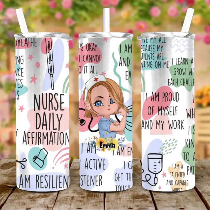 Custom Personalized Nurse Skinny Tumbler 20OZ - Gift Idea For Nurse - Nurse Daily Affirmations I Am Resilient