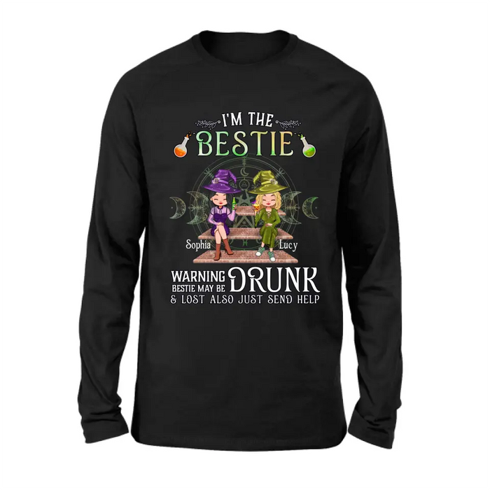 Custom Personalized Witch Besties Shirt/Hoodie Back - Gift Idea For Halloween/Witch Lovers/Besties - I'm The Bestie Warning Bestie May Be Drunk Or Lost Also Just Send Help