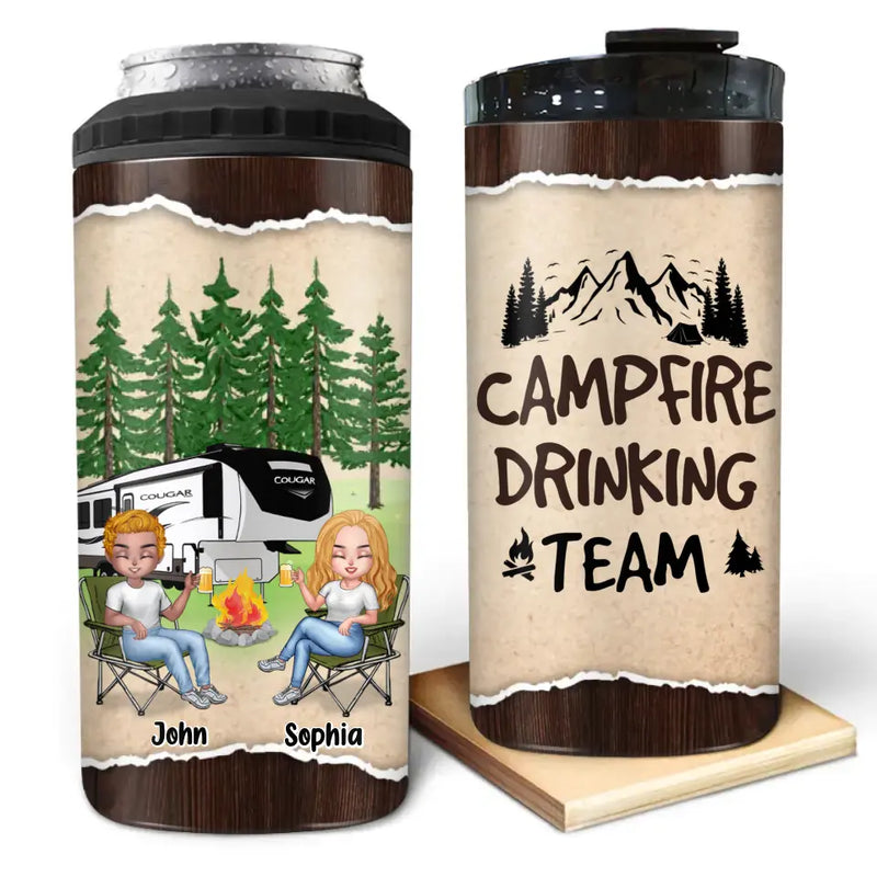 Custom Camping Friends 4 In 1 Can Cooler Tumbler - Up to 6 People - Gift Idea For Friends/Couple/Camping Lovers - Campfire Drinking Team
