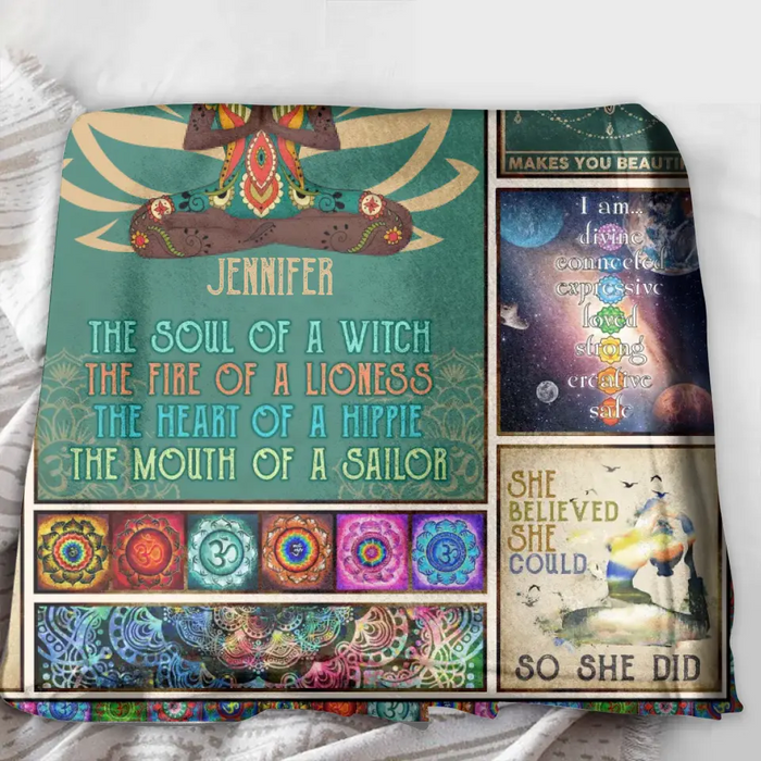 Custom Personalized Yoga Quilt/Single Layer Fleece Blanket - The Soul Of A Witch, The Fire Of A Lioness - Gift Idea For Friend/ Birthday/ Yoga Lover