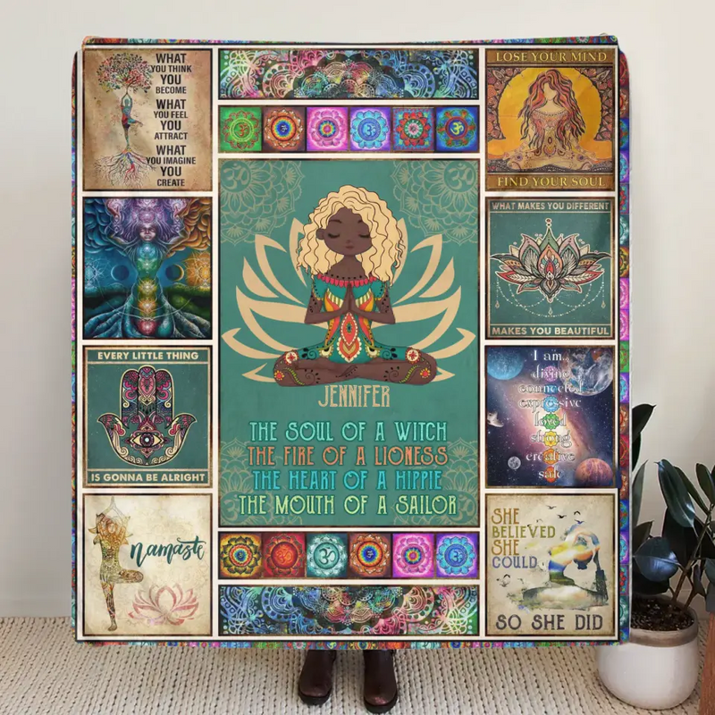 Personalized Yoga Quilt/Fleece Throw Blanket - The Soul Of A Witch, The Fire Of A Lioness - Gift Idea For Friend/Birthday/Yoga Lover