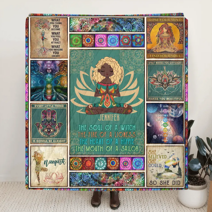 Custom Personalized Yoga Quilt/Single Layer Fleece Blanket - The Soul Of A Witch, The Fire Of A Lioness - Gift Idea For Friend/ Birthday/ Yoga Lover