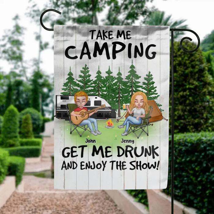 Custom Personalized Camping With Guitar Flag - Upto 6 People - Gift Idea for Camping Lovers - Take Me Camping Get Me Drunk And Enjoy The Show