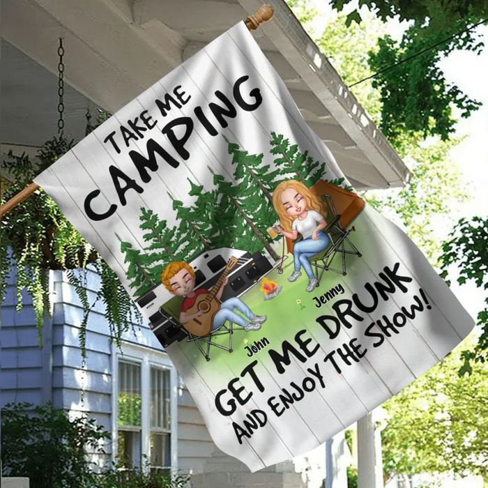 Custom Personalized Camping With Guitar Flag - Upto 6 People - Gift Idea for Camping Lovers - Take Me Camping Get Me Drunk And Enjoy The Show