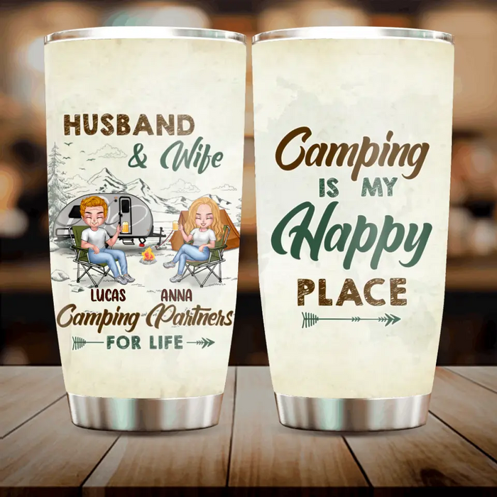 Custom Personalized Camping Couple Tumbler - Gift Idea For Camping Lover/Couple - Camping Is My Happy Place