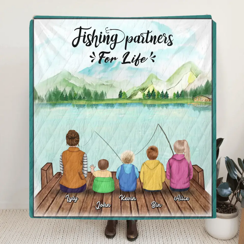 Personalized Fishing Quilt/Fleece Blanket - Single Parent and up to 4 Kids - Fishing Partners for Life