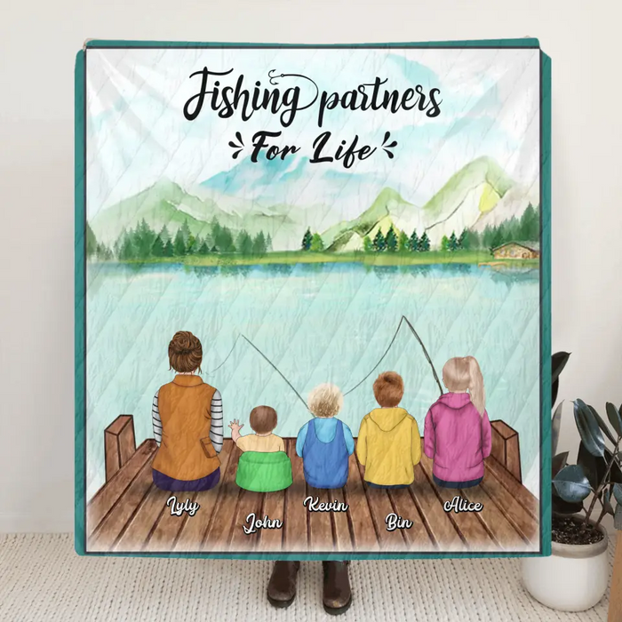Custom Personalized Fishing Fleece/Quilt Blanket - Single Parent and up to 4 Kids - Fishing Partners for Life