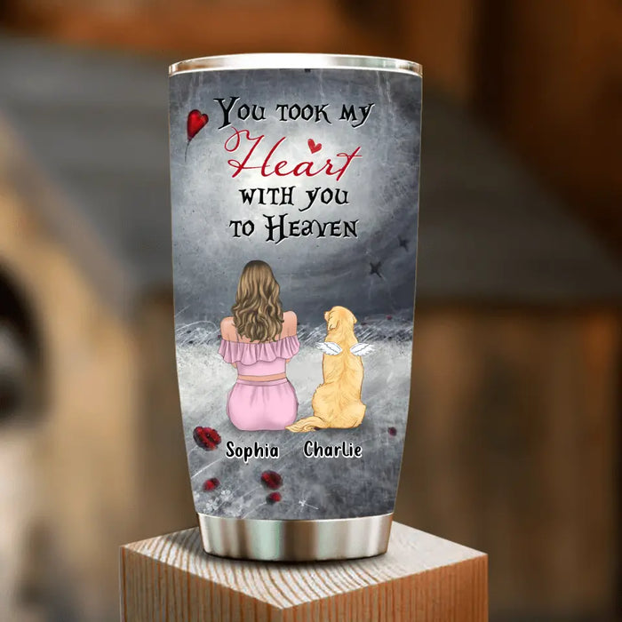 Custom Personalized Memorial Dog Mom Tumbler - Upto 4 Dogs - Memorial Gift Idea For Dog Owner - You Took My Heart With You To Heaven