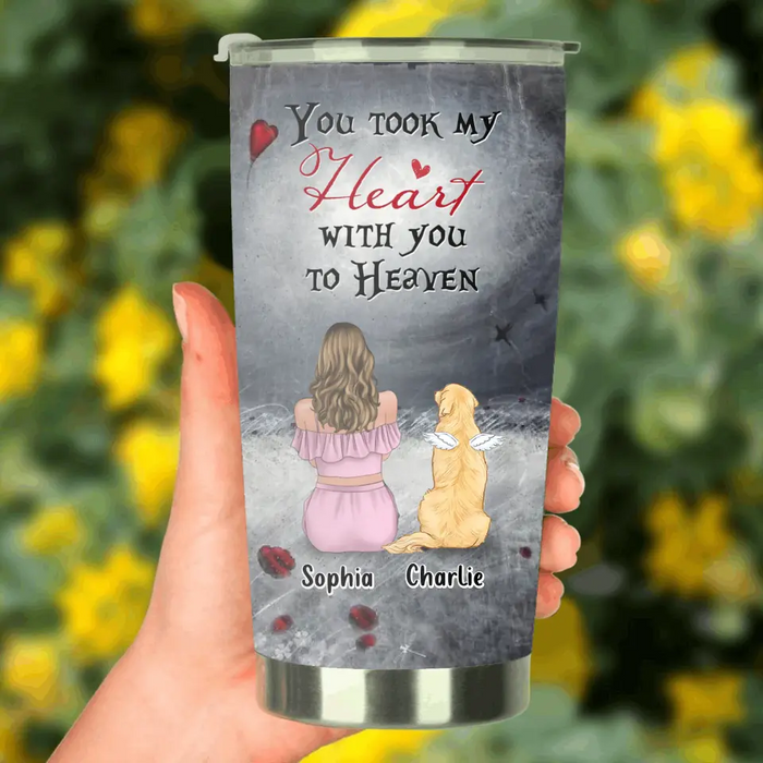 Custom Personalized Memorial Dog Mom Tumbler - Upto 4 Dogs - Memorial Gift Idea For Dog Owner - You Took My Heart With You To Heaven