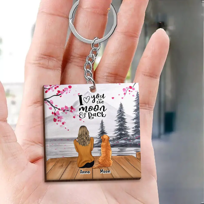 Custom Personalized Dog Mom/ Dog Dad Wooden Keychain - Gifts For Dog Lover With Upto 4 Dogs - I Love You To The Moon & Back