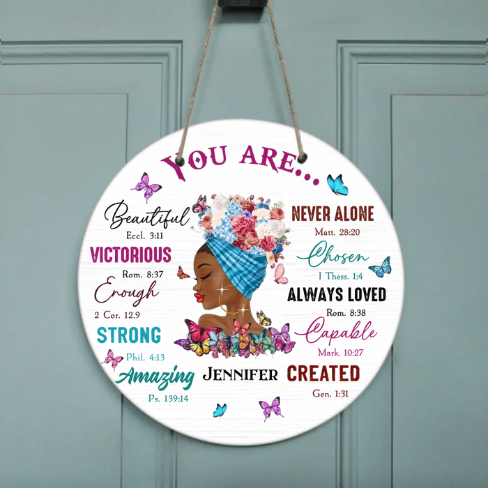 Custom Personalized African American Girl Circle Door Sign - Gift Idea For Birthday - You Are Beautiful, Victorious